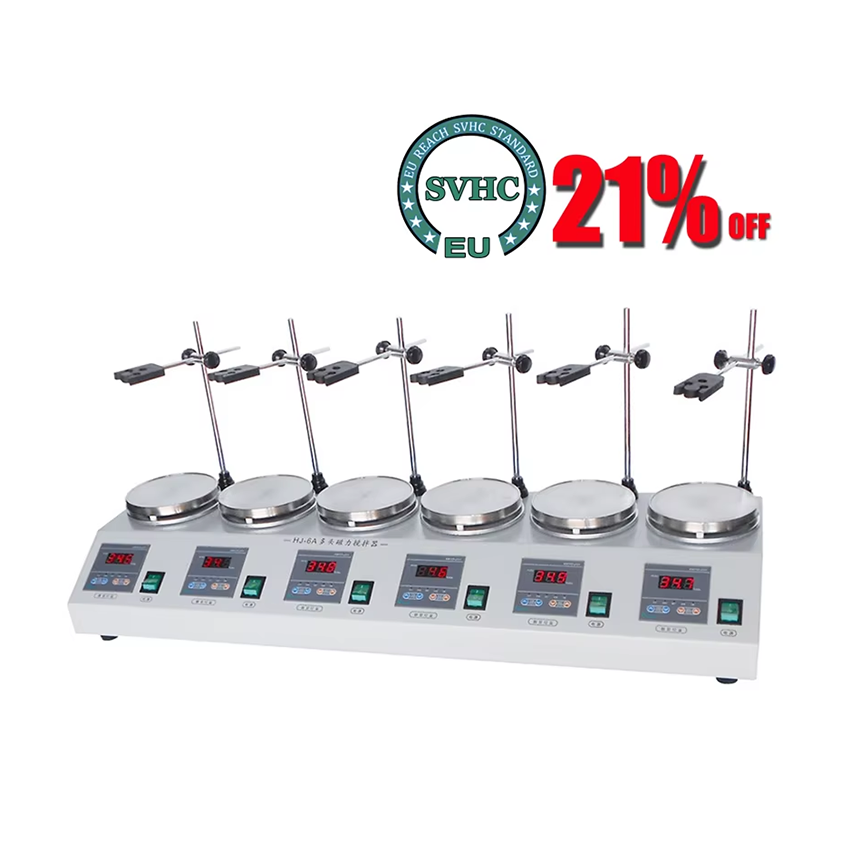 Lab Magnetic Stirrer Hot Plate - 220V、6ヘッド磁気加熱攪拌機、デジタル表示付き多機能ラボ用加熱ミキサー、2400rpm、温度制御式ホットプレートミキサー HJ-6A