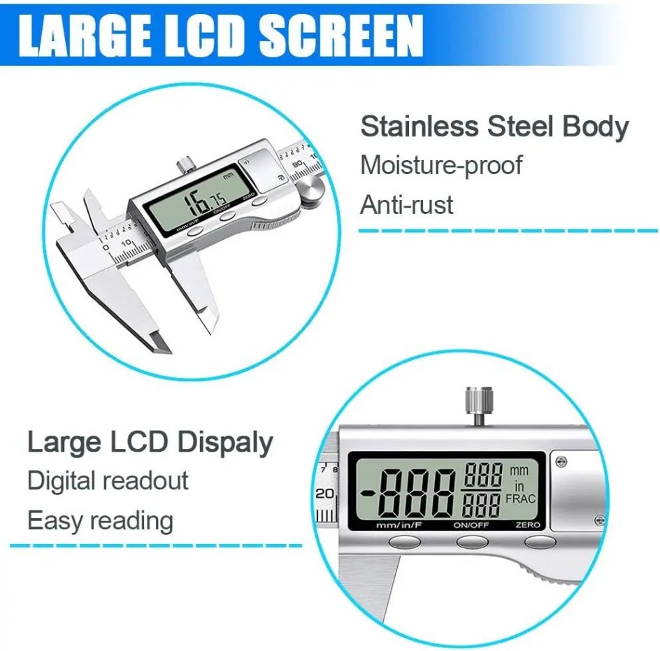 Digital Caliper 150Mm Stainless Steel - 電子式ノギス 6インチ精密工具、LCDディスプレイ＆自動オフ機能付き、エンジニアリング/クラフト用金属製ノギス