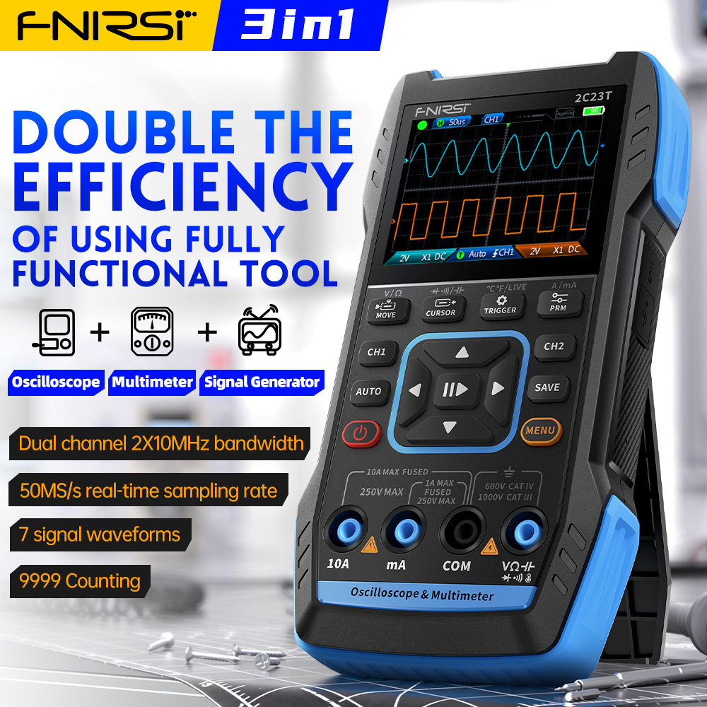Fnirsi Digital Oscilloscope Handheld - 2C23T 3-in-1 デジタルオシロスコープ 10MHz デュアルチャンネルハンドヘルドスコープマルチメータ信号発生器電子修理ラボ DIY